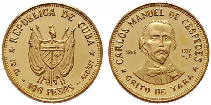  EUROPA UND ÜBERSEE   KUBA   (B) 100 Pesos 1977, de Cespedes (12,04 g); KM:43  G...