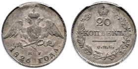  EUROPA UND ÜBERSEE   RUSSLAND   Nikolaus I. 1825-1855   (D) 20 Kopeken 1826 СПБ-НГ, St. Petersburg. In PCGS-Holder:MS62. Bitkin:132 vzgl.+