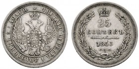  EUROPA UND ÜBERSEE   RUSSLAND   Nikolaus I. 1825-1855   (D) 25 Kopeken 1853 ohne Mzz. Bitkin:309(R2)  RRR s.sch.+