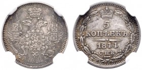  EUROPA UND ÜBERSEE   RUSSLAND   Nikolaus I. 1825-1855   (D) 5 Kopeken 1844 СПБ-КБ, St. Petersburg. In NGC-Holder:MS62. Bitkin:397 vzgl.+
