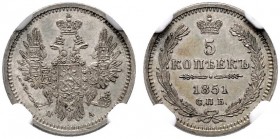  EUROPA UND ÜBERSEE   RUSSLAND   Nikolaus I. 1825-1855   (D) 5 Kopeken 1851 СПБ-ПA, St. Petersburg. In NGC-Holder:MS62. Bitkin:409 f.stplfr./vzgl....
