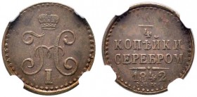  EUROPA UND ÜBERSEE   RUSSLAND   Nikolaus I. 1825-1855   (D) 1/4 Kopeke 1842 СПМ, St. Petersburg. In NGC-Holder:AU58BN. Bitkin:845 f.vzgl.