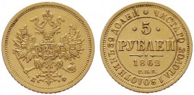  EUROPA UND ÜBERSEE   RUSSLAND   Alexander II. 1855-1881   (B) 5 Rubel 1862 СПБ-ПФ, St. Petersburg Bitkin:8; kl. Kratzer  Gold s.sch.