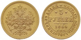  EUROPA UND ÜBERSEE   RUSSLAND   Alexander II. 1855-1881   (B) 5 Rubel 1864 СПБ-АС, St. Petersburg Bitkin:10; Rv. winz. Randschlag  Gold vzgl.