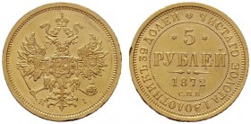  EUROPA UND ÜBERSEE   RUSSLAND   Alexander II. 1855-1881   (B) 5 Rubel 1872 СПБ-НI, St. Petersburg Bitkin:20; Rv. Randschlag  Gold vzgl.