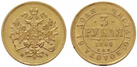  EUROPA UND ÜBERSEE   RUSSLAND   Alexander II. 1855-1881   (B) 3 Rubel 1869 СПБ-НI, St. Petersburg Bitkin:31(R)  Gold R vzgl.