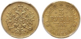  EUROPA UND ÜBERSEE   RUSSLAND   Alexander II. 1855-1881   (D) 3 Rubel 1874 СПБ-НI, St. Petersburg. In PCGS-Holder:AU58. Bitkin:36(R)  Gold R vzgl....