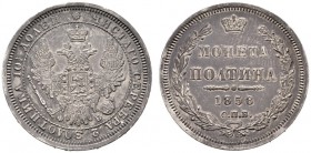  EUROPA UND ÜBERSEE   RUSSLAND   Alexander II. 1855-1881   (D) Poltina (1/2 Rubel) 1858 СПБ-ФБ, St. Petersburg Bitkin:52; Patina vzgl.