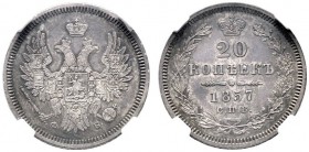  EUROPA UND ÜBERSEE   RUSSLAND   Alexander II. 1855-1881   (D) 20 Kopeken 1857 СПБ-ФБ, St. Petersburg. In NGC-Holder:AU55. Ex. Prokop Slg., Bitkin:60 ...