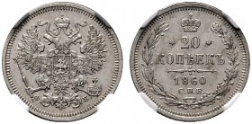  EUROPA UND ÜBERSEE   RUSSLAND   Alexander II. 1855-1881   (D) 20 Kopeken 1860 СПБ-ФБ, St. Petersburg. In NGS-Holder:MS63. Bitkin:168 vzgl.+