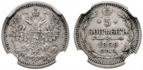 EUROPA UND ÜBERSEE   RUSSLAND   Alexander II. 1855-1881   (D) 5 Kopeken 1868 СПБ-НI, St. Petersburg. In NGC-Holder:AU details. Bitkin:269 s.sch.+...