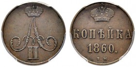  EUROPA UND ÜBERSEE   RUSSLAND   Alexander II. 1855-1881   (D) Kopeke 1860 BM, Warschau. In PCGS-Holder:XF45. Bitkin:479 s.sch.+