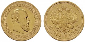  EUROPA UND ÜBERSEE   RUSSLAND   Alexander III. 1881-1894   (B) 10 Rubel 1894 АГ, St. Petersburg Bitkin:23; leicht gereinigt  Gold s.sch.+