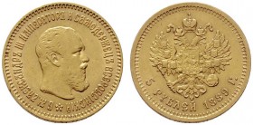  EUROPA UND ÜBERSEE   RUSSLAND   Alexander III. 1881-1894   (B) 5 Rubel 1889 АГ, St. Petersburg Bitkin:33  Gold s.sch.