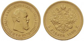  EUROPA UND ÜBERSEE   RUSSLAND   Alexander III. 1881-1894   (B) 5 Rubel 1890 АГ, St. Petersburg Bitkin:35  Gold s.sch.