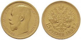  EUROPA UND ÜBERSEE   RUSSLAND   Nikolaus II. 1894-1917   (B) 15 Rubel 1897 АГ, St. Petersburg Bitkin:1(R)  Gold R s.sch.