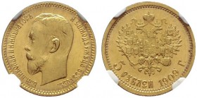  EUROPA UND ÜBERSEE   RUSSLAND   Nikolaus II. 1894-1917   (B) 5 Rubel 1909 ЭБ, St. Petersburg. In NGS-Holder:MS66 Bitkin:34(R)  Gold R stplfr.