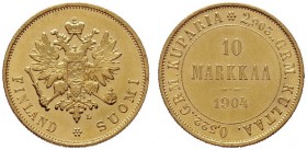  EUROPA UND ÜBERSEE   RUSSLAND   Nikolaus II. 1894-1917   (B)  Prägungen für Finnland. 10 Markkaa 1904 L, Helsingfors Bitkin:392(R1)  Gold RR vzgl.+/v...