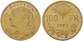  EUROPA UND ÜBERSEE   SCHWEIZ   Eidgenossenschaft   (D) 100 Franken 1925 (32,31 g); Fr:502, KM:39; winziger Randfehler  Gold vzgl.