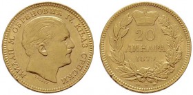  EUROPA UND ÜBERSEE   SERBIEN   (B) 20 Dinara 1879 A, Paris Fr:3, KM:14; kl. Randschläge  Gold s.sch.
