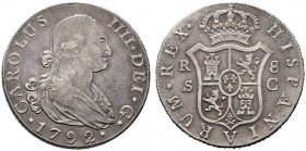  EUROPA UND ÜBERSEE   SPANIEN   (D)  Karl IV. 1788-1808 8 Reales 1792 S-C, Sevilla Cayon:13860, Dav:1701 f.s.sch./s.sch.