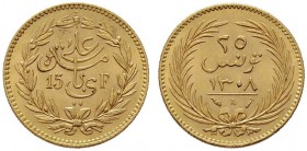 EUROPA UND ÜBERSEE   TUNESIEN   (D) Französisches Protektorat 25 Piastres - 15 Fr. AH 1308 A (4,85 g); Fr:11, KM:214  Gold vzgl.
