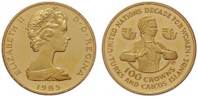  EUROPA UND ÜBERSEE   TURKS- UND CAICOSINSELN   (B) 100 Crowns 1985 (6,47 g); Auflage nur 313 Stk. KM:62  Gold pol.Pl.