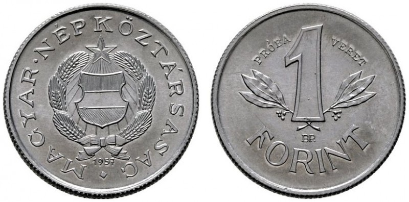  EUROPA UND ÜBERSEE   UNGARN   Republik   (D) 1 Forint 1957. Probeprägung, gerif...