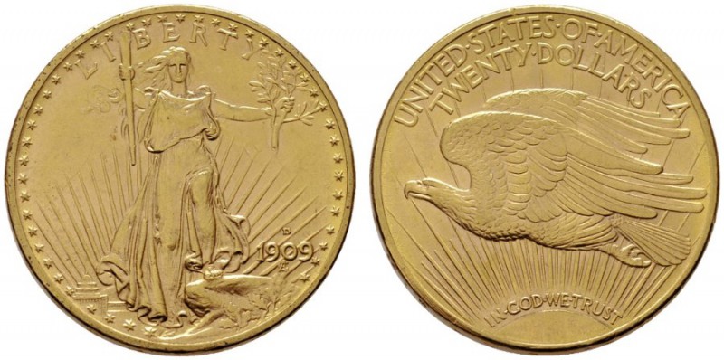  EUROPA UND ÜBERSEE   U S A   (B) 20 Dollars 1909 D, Denver Fr:187  Gold R s.sch...
