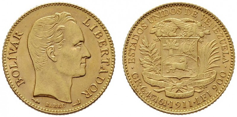  EUROPA UND ÜBERSEE   VENEZUELA   (B) 20 Bolivares 1911 (6,46 g); KM:Y32  Gold v...