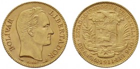  EUROPA UND ÜBERSEE   VENEZUELA   (B) 20 Bolivares 1911 (6,46 g); KM:Y32  Gold vzgl.