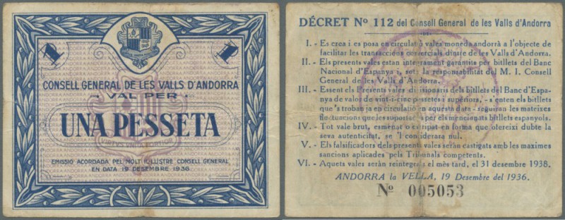 Andorra: 1 Pesseta 1936 P. 1, several folds, the center fold a bit stronger, no ...