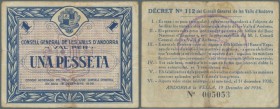 Andorra: 1 Pesseta 1936 P. 1, several folds, the center fold a bit stronger, no holes or tears, condition: F to F+.