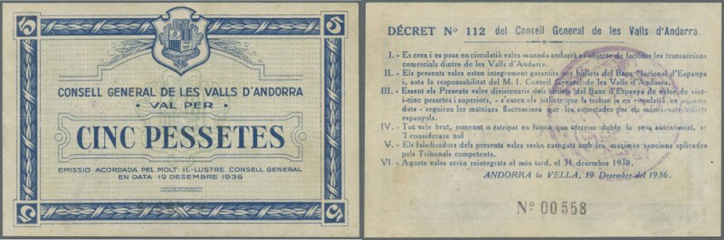 Andorra: 5 Pessetes 1936 P. 3, light center fold, pressed, the note has a repair...