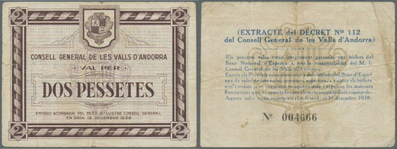 Andorra: 2 Pessetes 1939 P. 7, folded, stronger center fold, handling in paper, ...