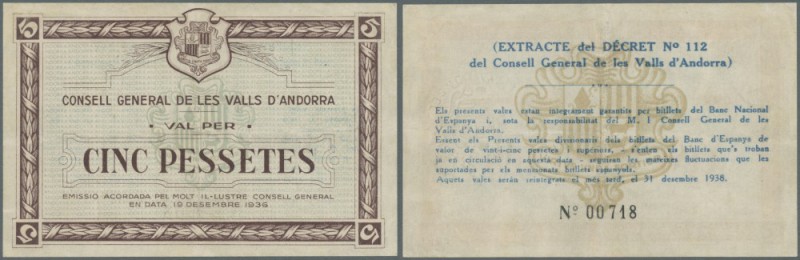 Andorra: 5 Pessetes 1939 P. 8, light center fold, probably pressed dry, still or...