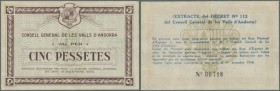 Andorra: 5 Pessetes 1939 P. 8, light center fold, probably pressed dry, still original colors and strong paper, condition: VF+ to XF-.