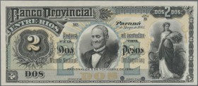 Argentina: 2 Pesos 1881 PROOF P. S268p printed without serial numbers and signatures, 2 cancellation holes at lower border, uniface printed. The note ...