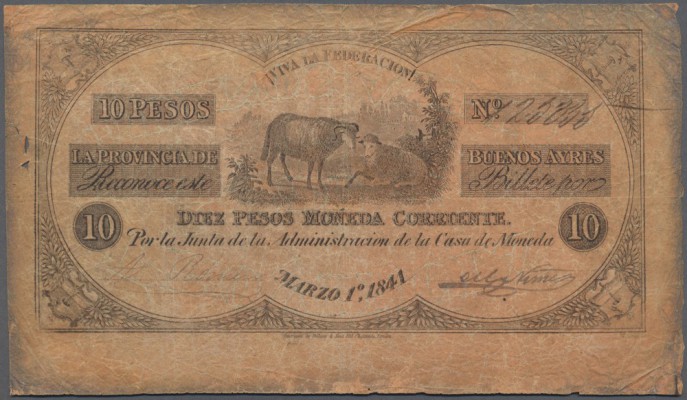 Argentina: 10 Pesos 1841 P. S379a, tear at left, center hole, condition F to F-.