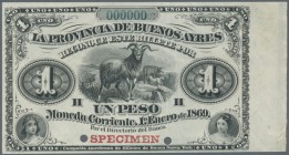 Argentina: 1 Peso 1869 Specimen P. S481s with red ”Specimen” overprint on front, zero serial number and two small cancellation holes at lower border. ...