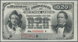 Argentina: 0,20 Centesimos 1883 Specimen P. S533s with red ”Specimen” overprint, 3 hole cancellations and zero serial numbers. The note is uniface pri...