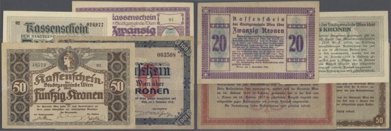 Austria: Stadtgemeinde Wien, set of 4 notes containing 5 Kronen 1918 (aUNC), 20 ...
