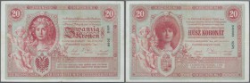 Austria: 20 Kronen 1900 P. 5, rare issue, one center and one horizonta fold, no holes, no tears, not repaired, still crispness in paper and bright col...