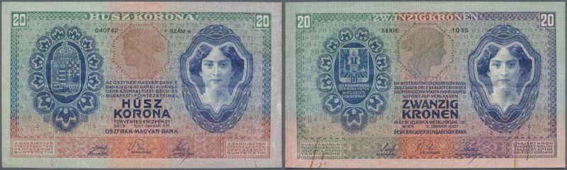 Austria: 20 Kronen 1907 P. 10, folded horizontally and vertically, 2 rusty stain...