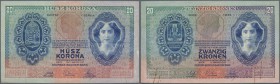 Austria: 20 Kronen 1907 P. 10, folded horizontally and vertically, 2 rusty stains of paper clip on back, small paper irritations at right border, no h...
