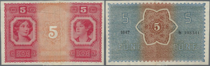 Austria: 5 Kronen 1918 similar to P. 22 but unknown type, consisting of 2 halfs ...