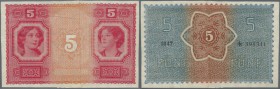 Austria: 5 Kronen 1918 similar to P. 22 but unknown type, consisting of 2 halfs put together in center, back printed, front side only proof print with...
