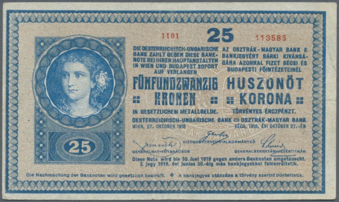Austria: 25 Kronen 1918 P. 23, used with folds but no holes or tears, no repairs...