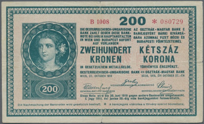 Austria: 200 Kronen 1918 P. 24, three vertical and one horizontal fold, stronger...