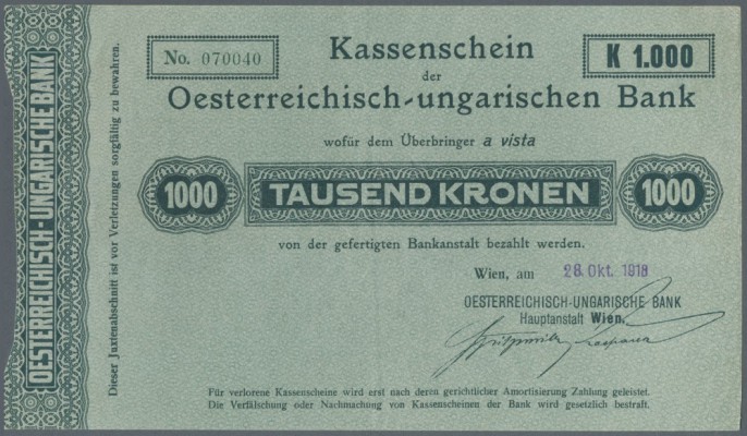 Austria: 1000 Kronen 1918 P. 29, highly rare issue, only a light center fold and...